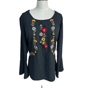 Ruff Hewn Grey Embroidered Floral Boho Blouse‎ Bell Sleeve Women's M New